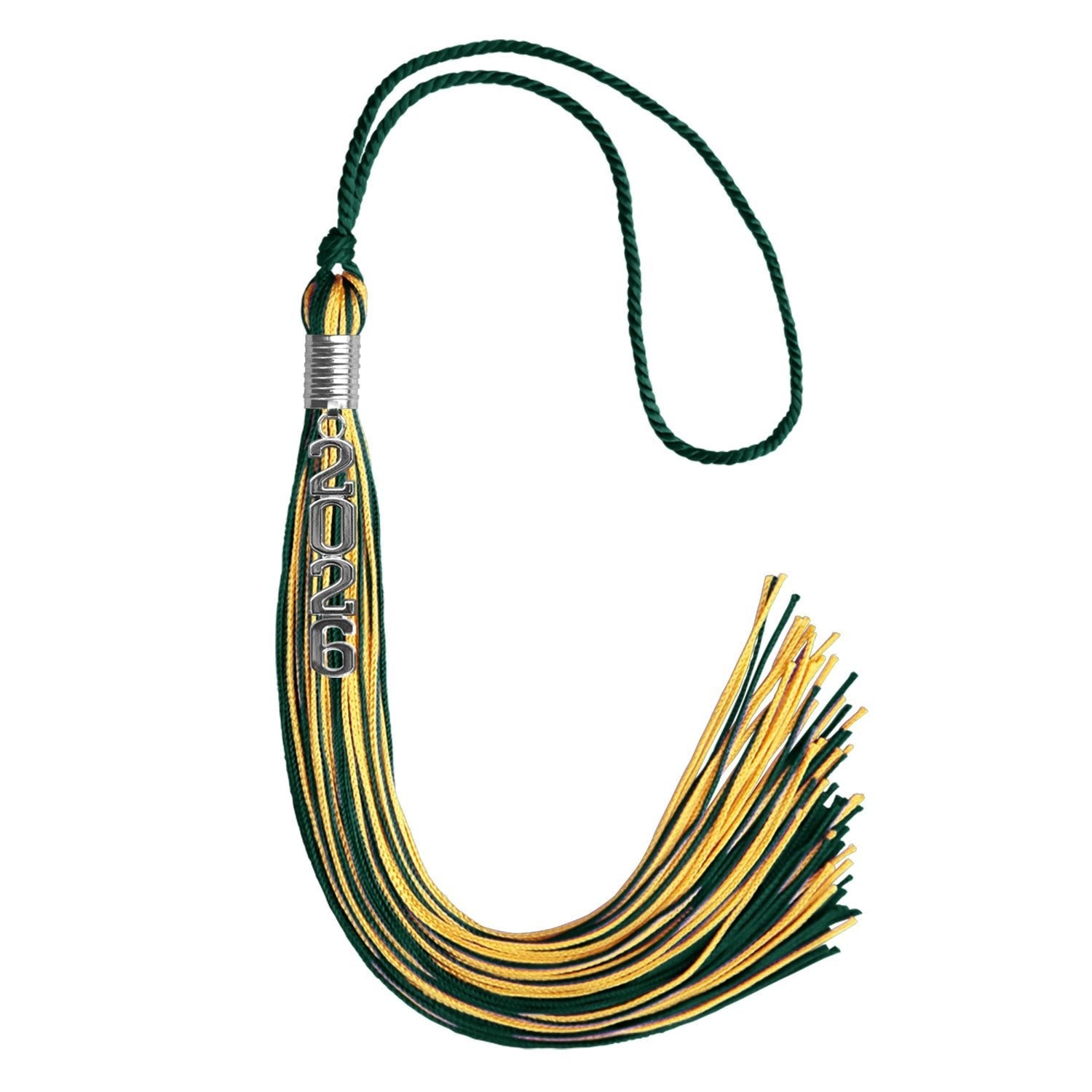 Hunter Green/Gold Mixed Color Graduation Tassel with Stacked Silver Date Drop by Wholesale Grad Supply