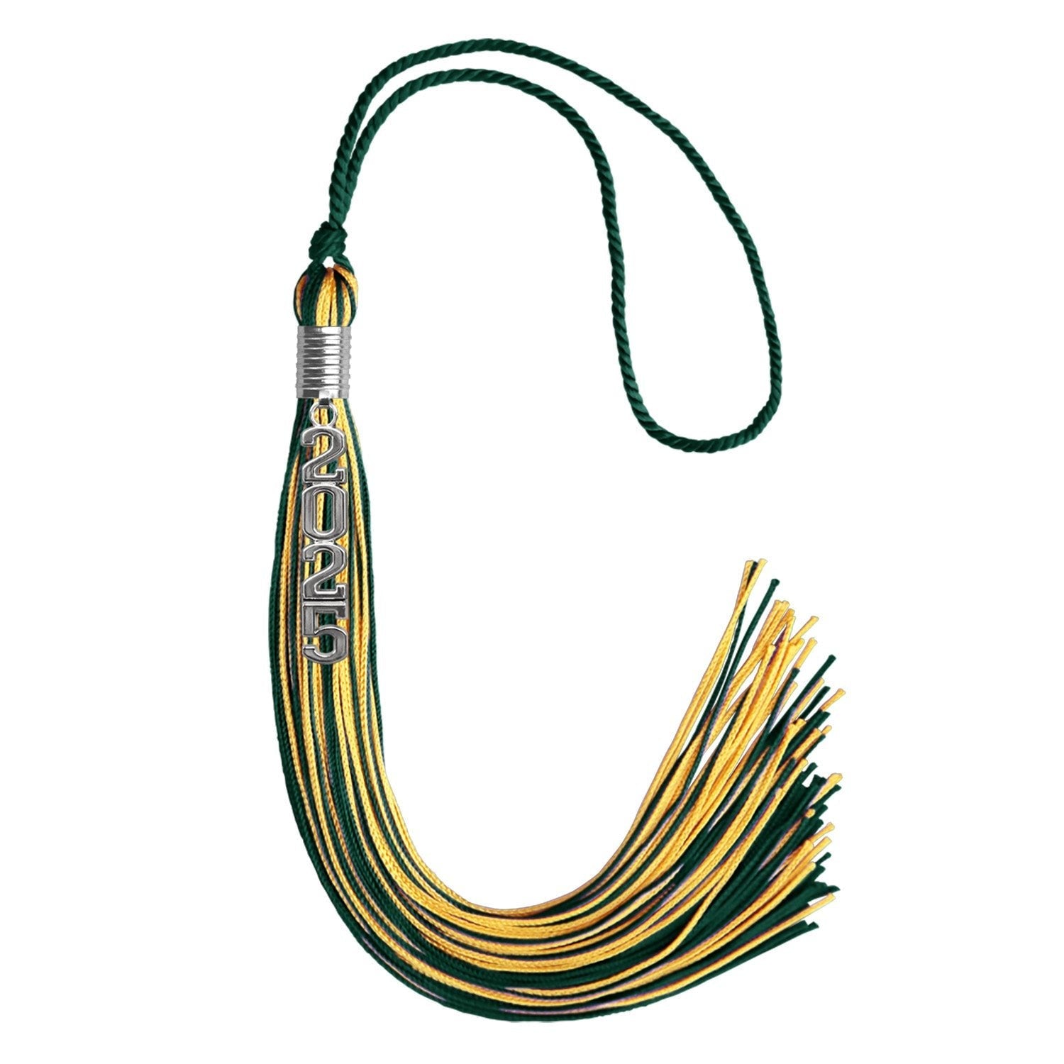 Hunter Green/Gold Mixed Color Graduation Tassel with Stacked Silver Date Drop by Wholesale Grad Supply