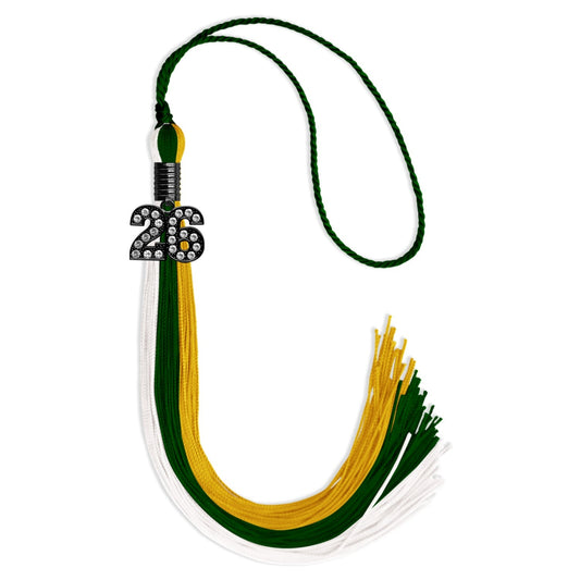 Hunter Green/Gold/White Graduation Tassel with Black Bling Charm by Wholesale Grad Supply