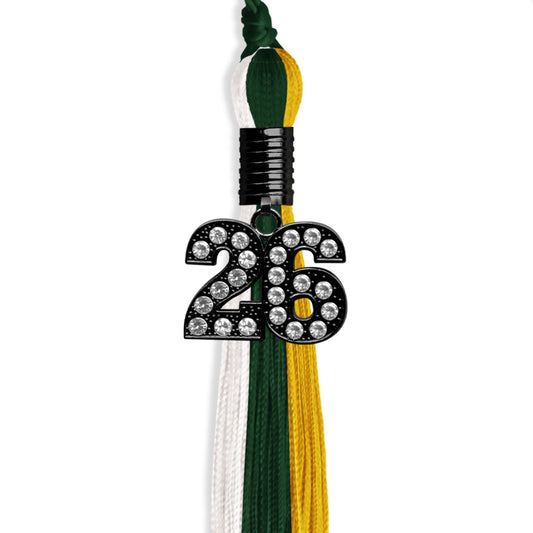 Hunter Green/Gold/White Graduation Tassel with Black Bling Charm by Wholesale Grad Supply