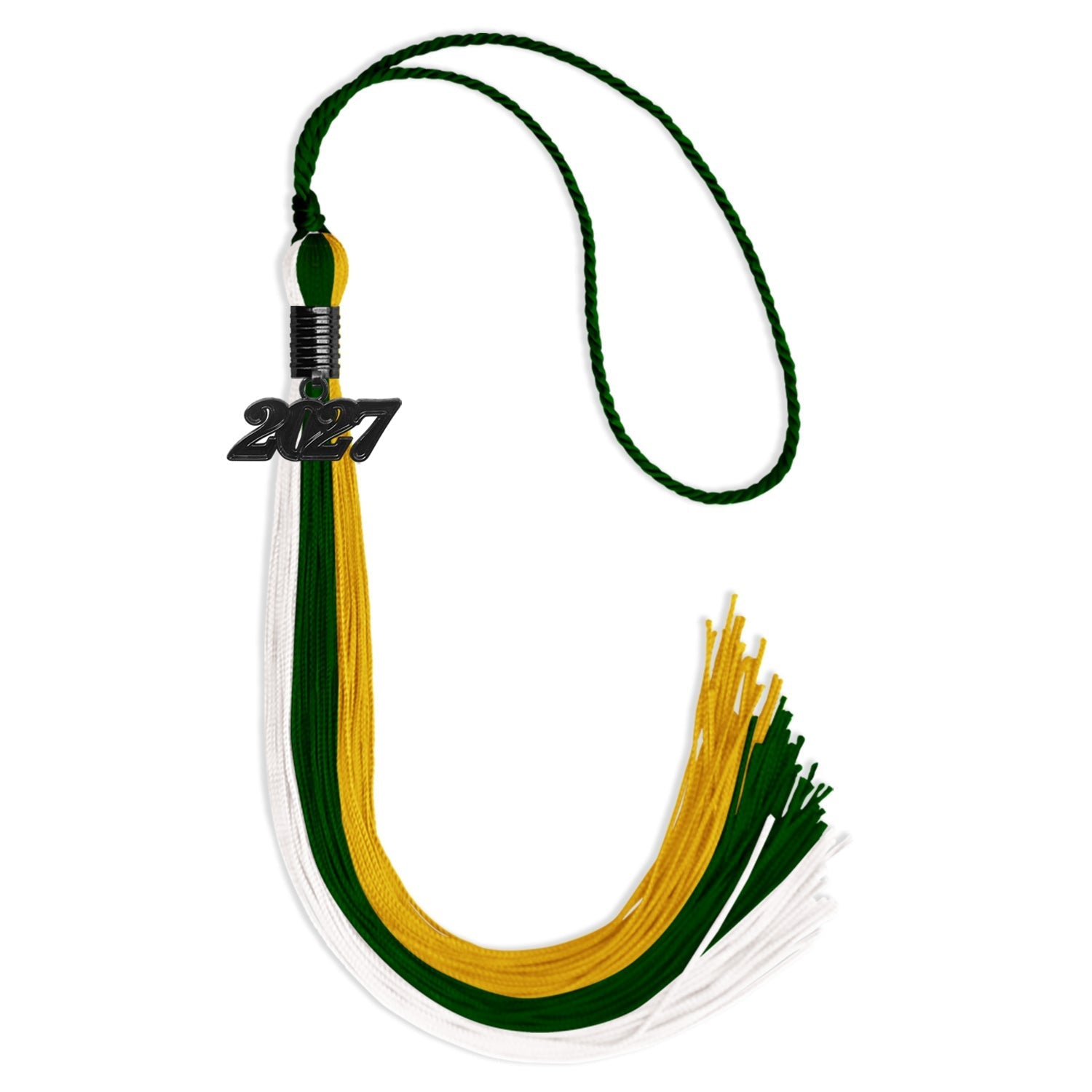 Hunter Green/Gold/White Graduation Tassel with Black Bling Charm by Wholesale Grad Supply