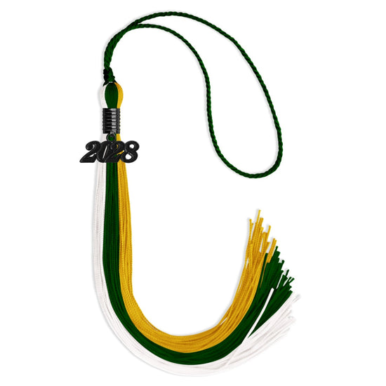 Hunter Green/Gold/White Graduation Tassel with Black Bling Charm by Wholesale Grad Supply