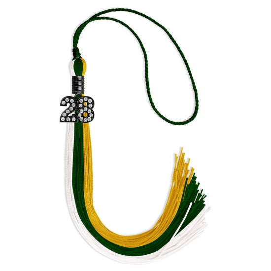 Hunter Green/Gold/White Graduation Tassel with Black Bling Charm by Wholesale Grad Supply