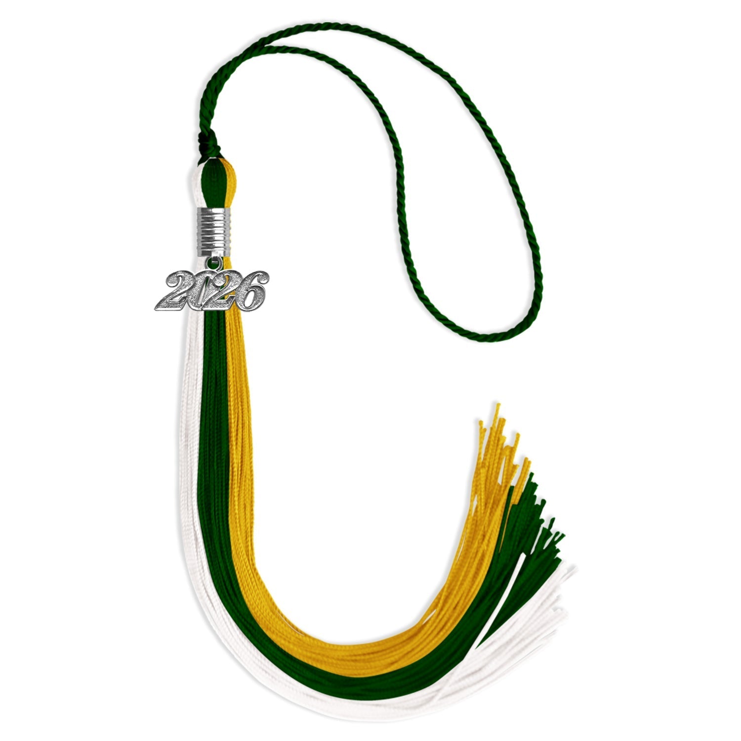 Hunter Green/Gold/White Graduation Tassel with Silver Bling Charm by Wholesale Grad Supply
