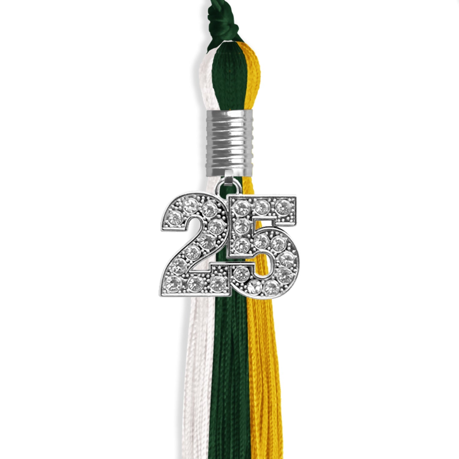 Hunter Green/Gold/White Graduation Tassel with Silver Bling Charm by Wholesale Grad Supply