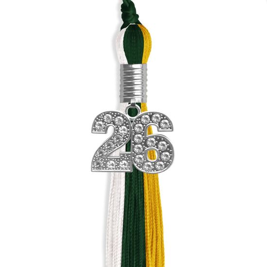 Hunter Green/Gold/White Graduation Tassel with Silver Bling Charm by Wholesale Grad Supply