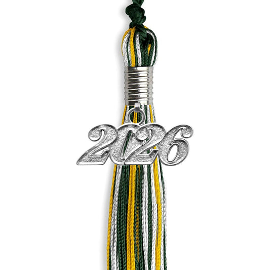 Hunter Green/Gold/White Mixed Color Graduation Tassel with Silver Bling Charm by Wholesale Grad Supply