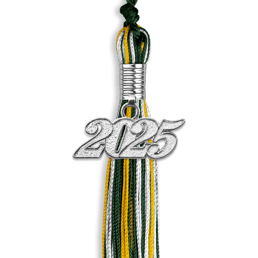 Hunter Green/Gold/White Mixed Color Graduation Tassel with Silver Bling Charm by Wholesale Grad Supply