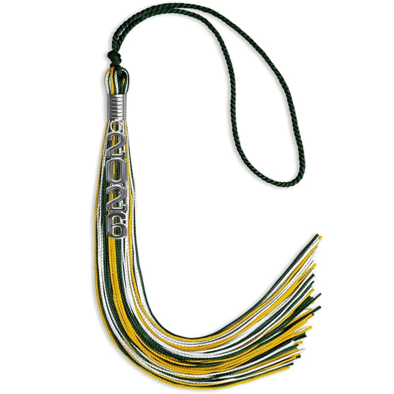 Hunter Green/Gold/White Mixed Color Graduation Tassel with Silver Stacked Date Drop by Wholesale Grad Supply