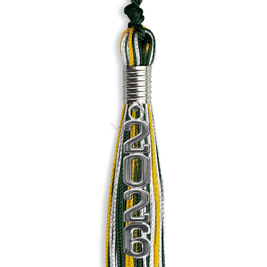 Hunter Green/Gold/White Mixed Color Graduation Tassel with Silver Stacked Date Drop by Wholesale Grad Supply