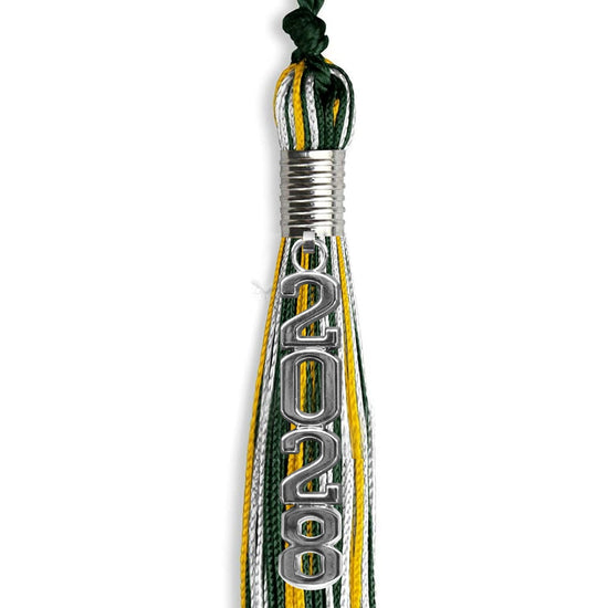 Hunter Green/Gold/White Mixed Color Graduation Tassel with Silver Stacked Date Drop by Wholesale Grad Supply
