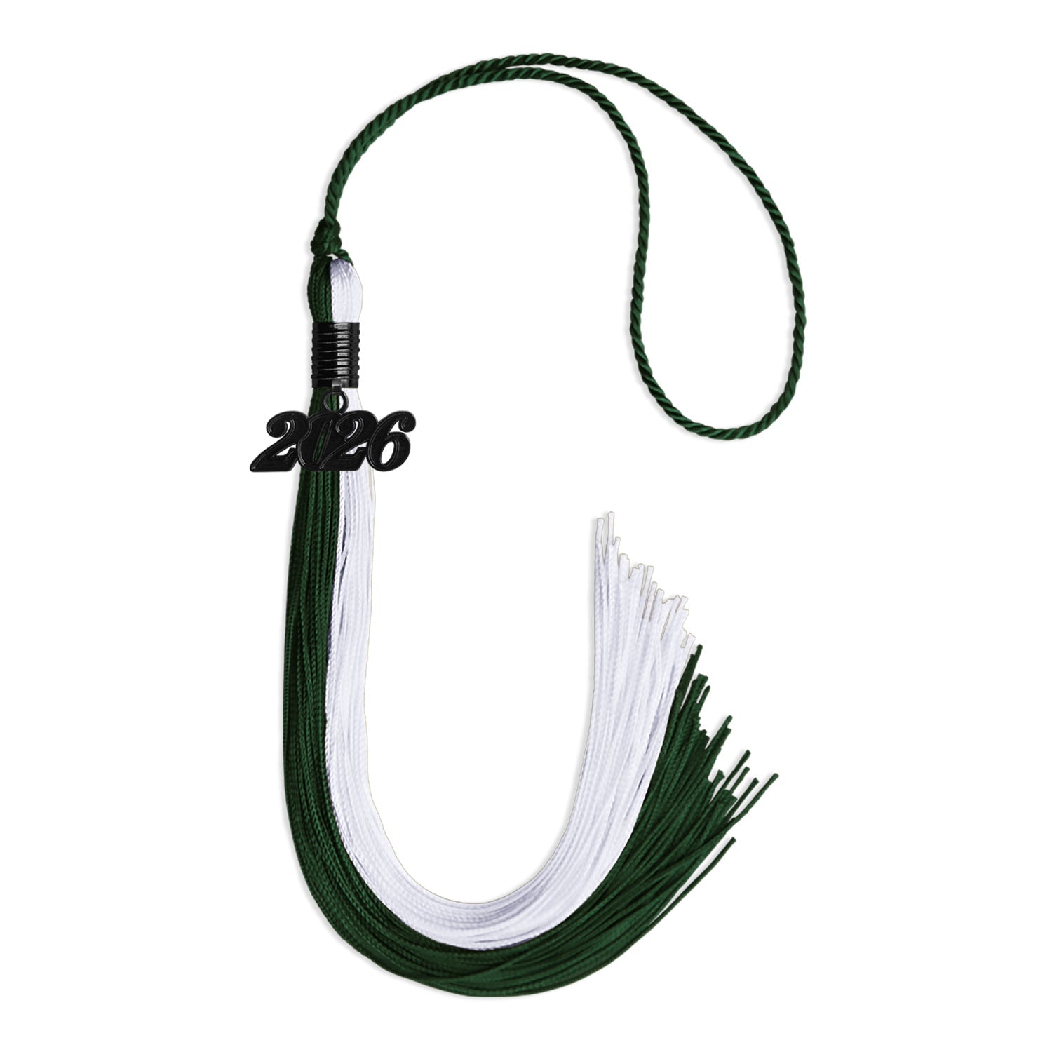 Hunter Green/White Graduation Tassel with Black Bling Charm by Wholesale Grad Supply