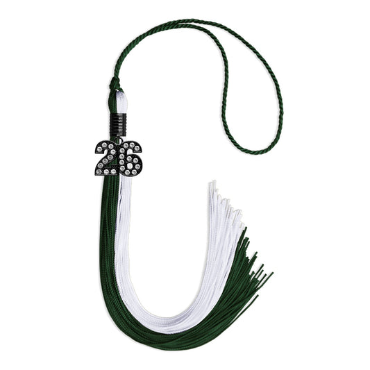 Hunter Green/White Graduation Tassel with Black Bling Charm by Wholesale Grad Supply