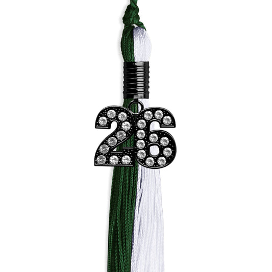 Hunter Green/White Graduation Tassel with Black Bling Charm by Wholesale Grad Supply