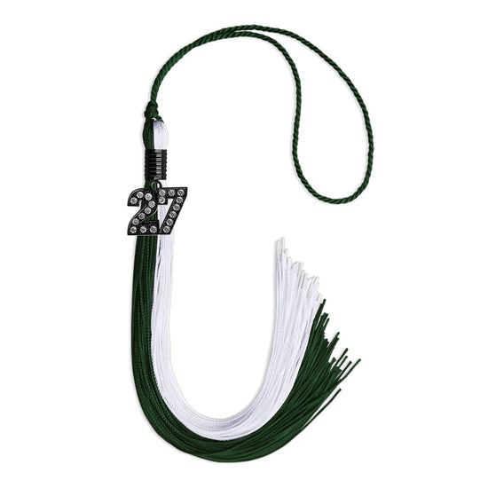 Hunter Green/White Graduation Tassel with Black Bling Charm by Wholesale Grad Supply