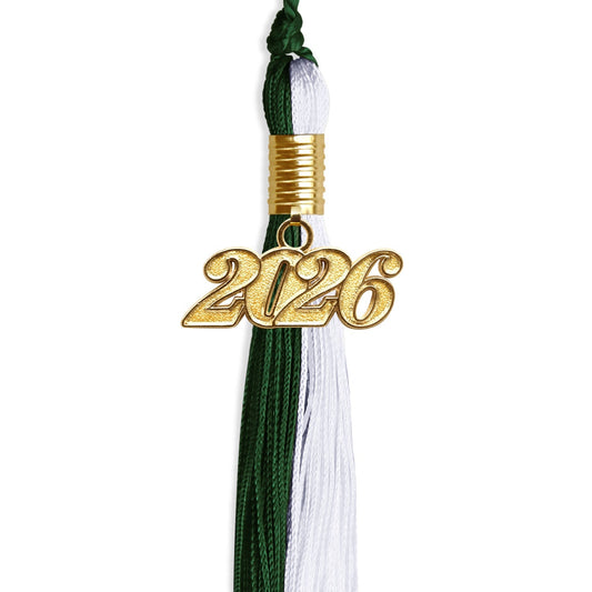 Hunter Green/White Graduation Tassel with Gold Bling Charm by Wholesale Grad Supply