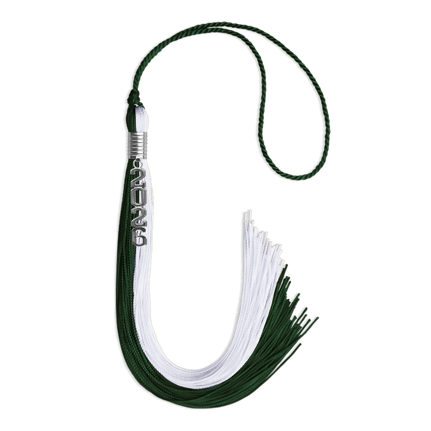 Hunter Green/White Graduation Tassel with Silver Stacked Date Drop by Wholesale Grad Supply