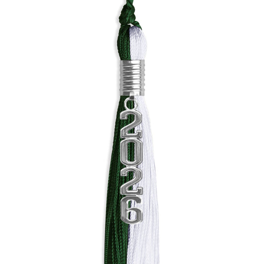 Hunter Green/White Graduation Tassel with Silver Stacked Date Drop by Wholesale Grad Supply