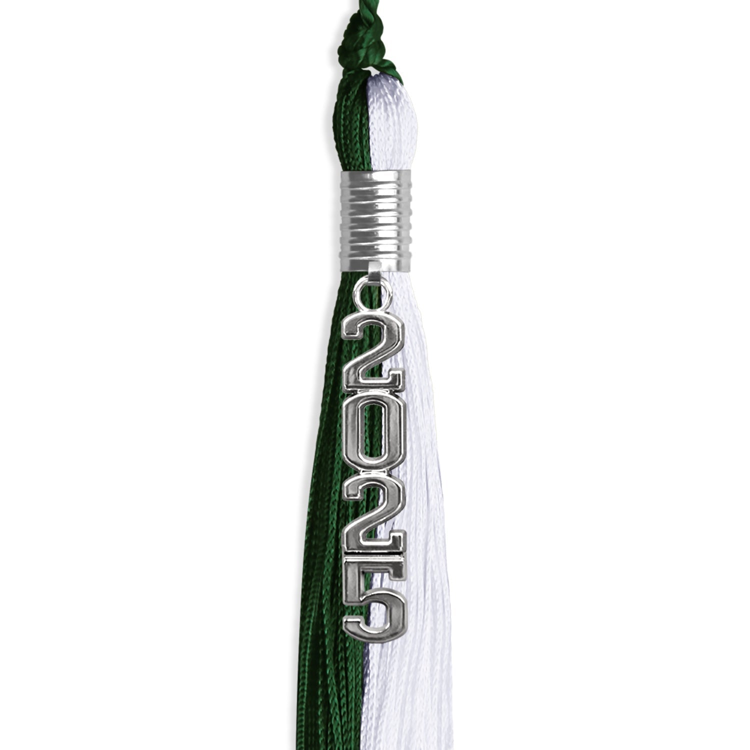 Hunter Green/White Graduation Tassel with Silver Stacked Date Drop by Wholesale Grad Supply