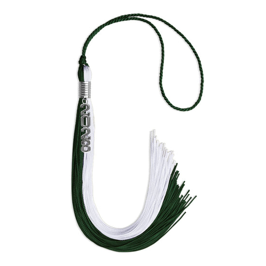 Hunter Green/White Graduation Tassel with Silver Stacked Date Drop by Wholesale Grad Supply