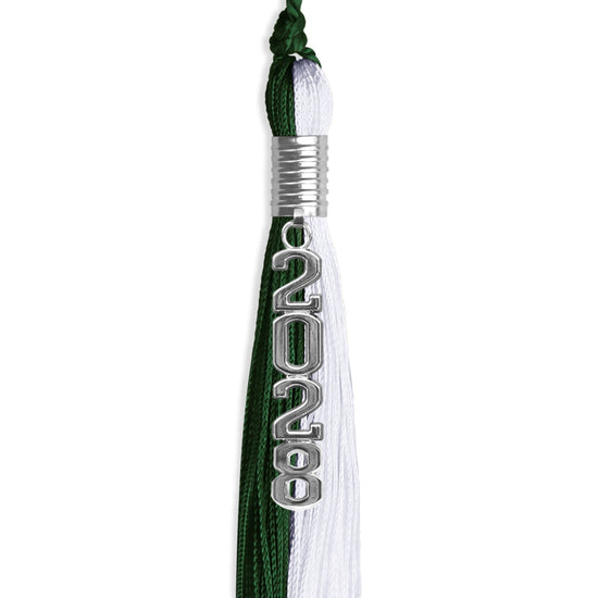 Hunter Green/White Graduation Tassel with Silver Stacked Date Drop by Wholesale Grad Supply