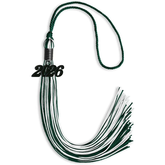 Hunter Green/White Mixed Color Graduation Tassel with Black Bling Charm by Wholesale Grad Supply