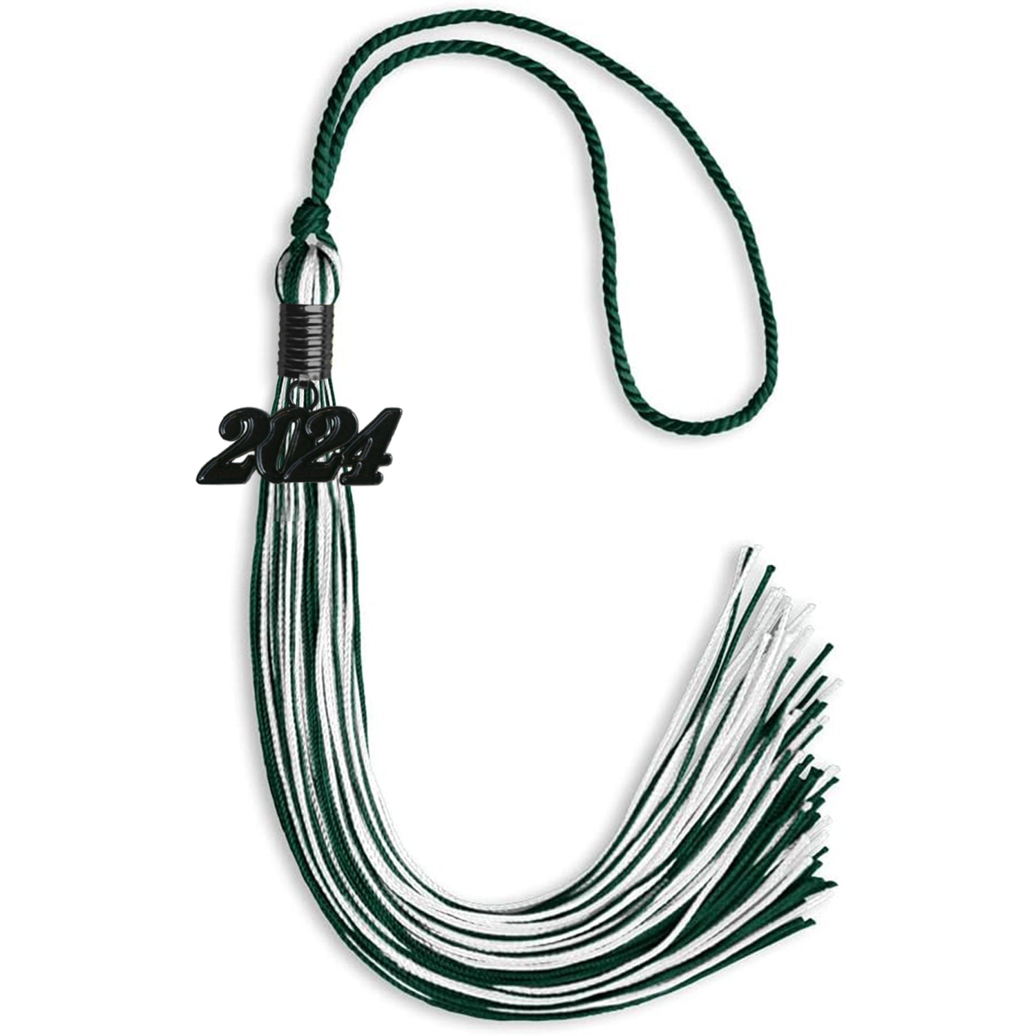 Hunter Green/White Mixed Color Graduation Tassel with Black Bling Charm by Wholesale Grad Supply