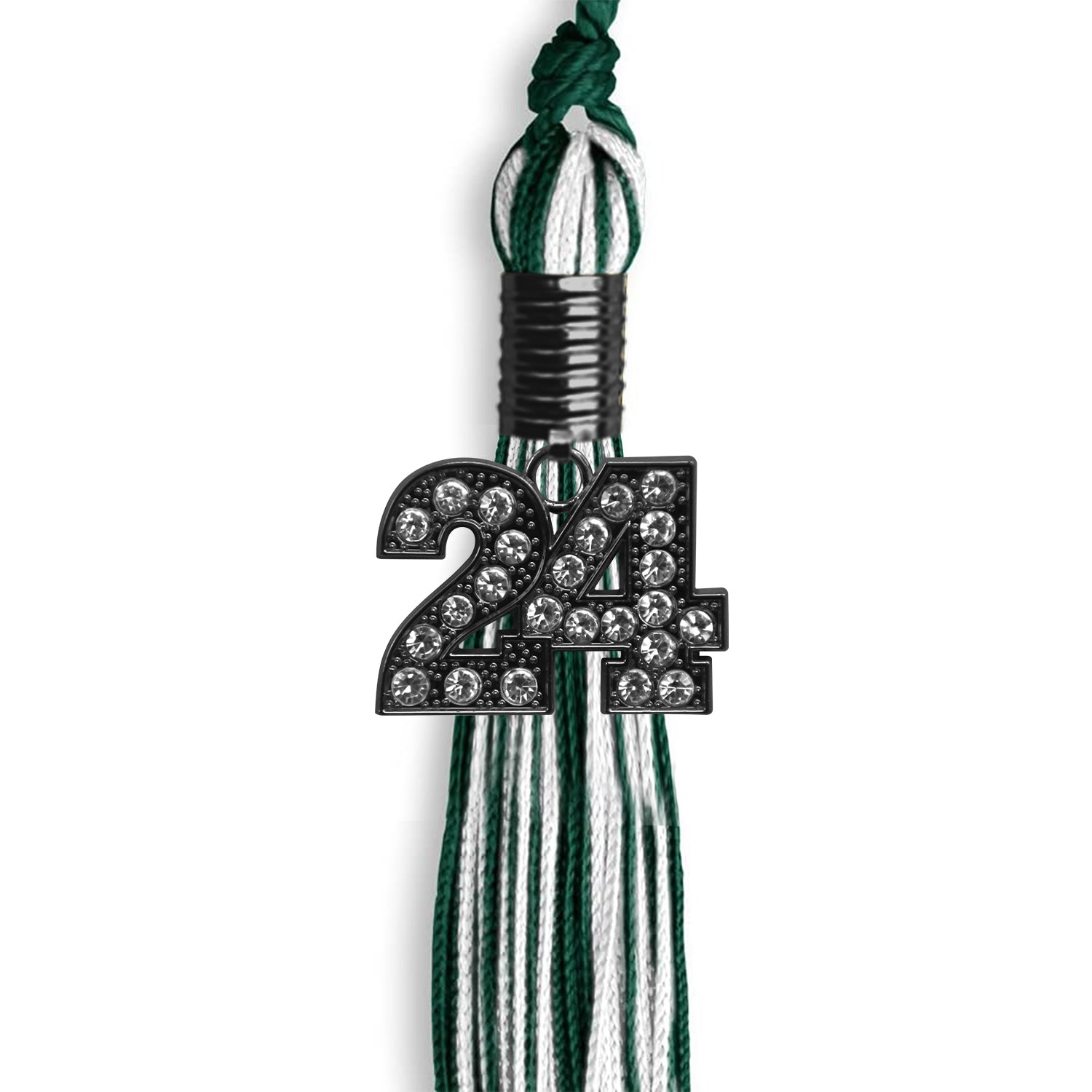Hunter Green/White Mixed Color Graduation Tassel with Black Bling Charm by Wholesale Grad Supply