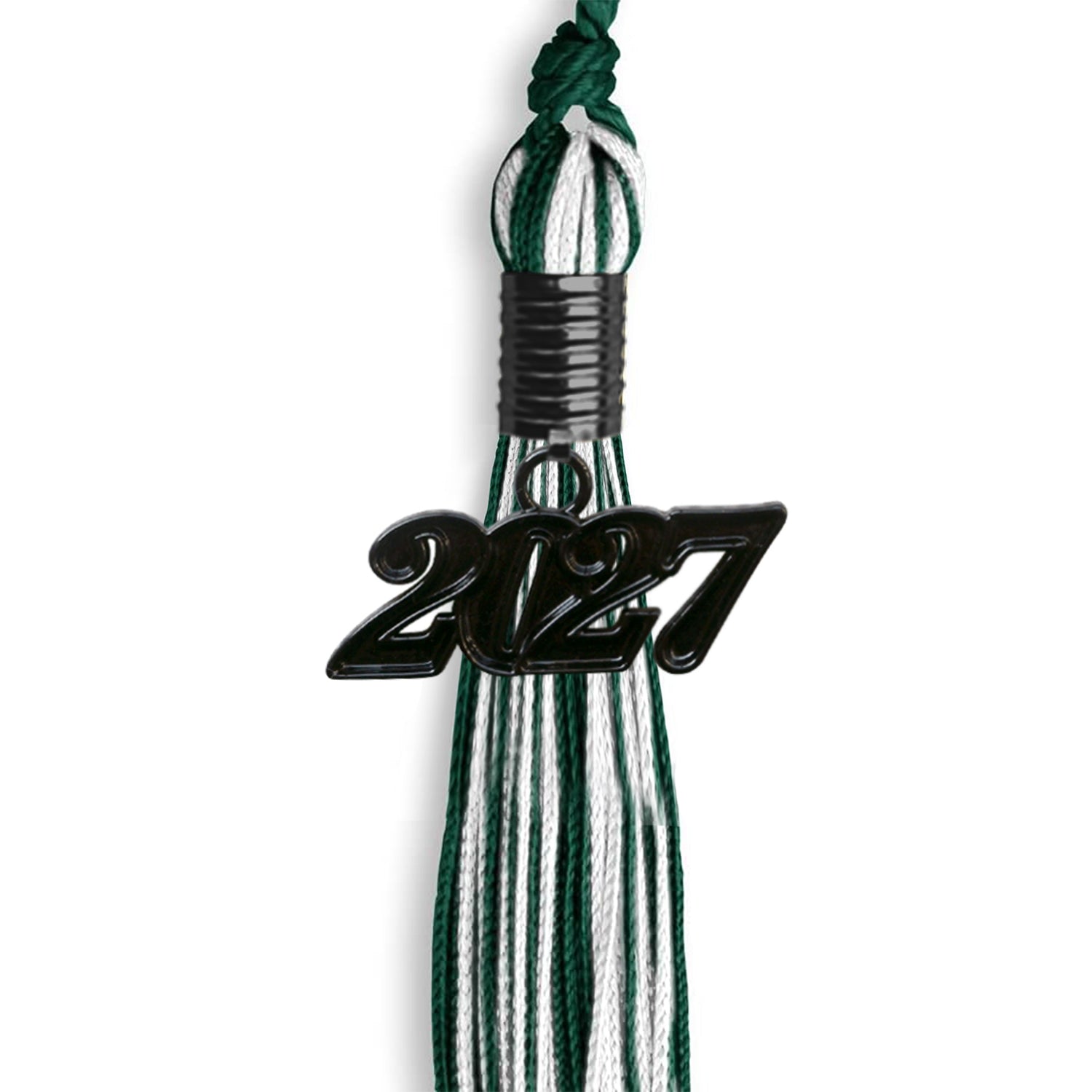 Hunter Green/White Mixed Color Graduation Tassel with Black Bling Charm by Wholesale Grad Supply