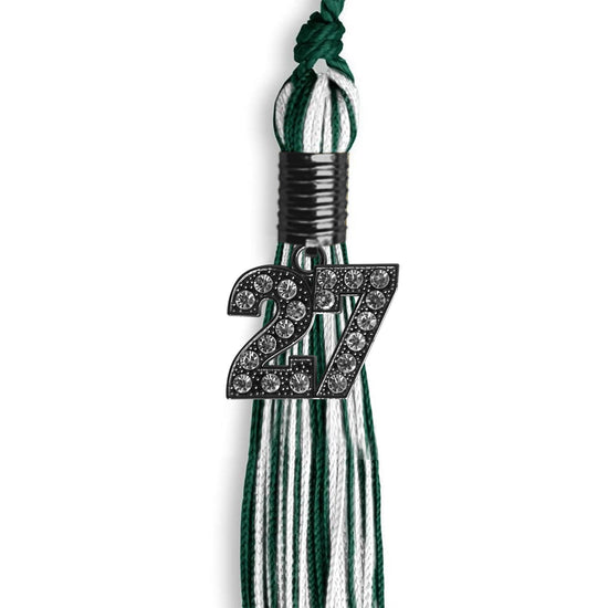 Hunter Green/White Mixed Color Graduation Tassel with Black Bling Charm by Wholesale Grad Supply