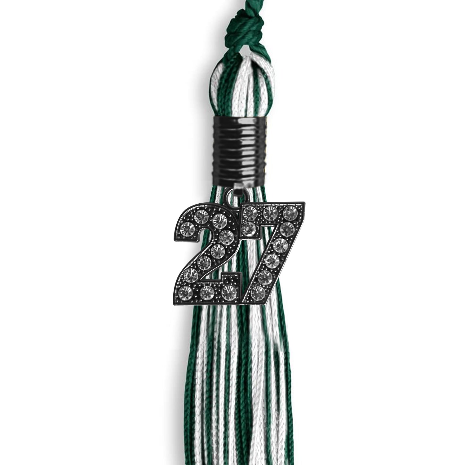 Hunter Green/White Mixed Color Graduation Tassel with Black Bling Charm by Wholesale Grad Supply