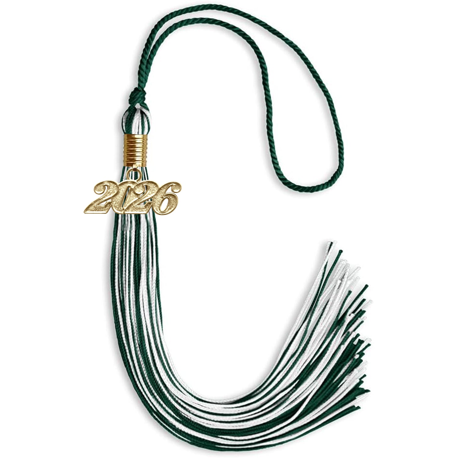 Hunter Green/White Mixed Color Graduation Tassel with Gold Bling Charm by Wholesale Grad Supply