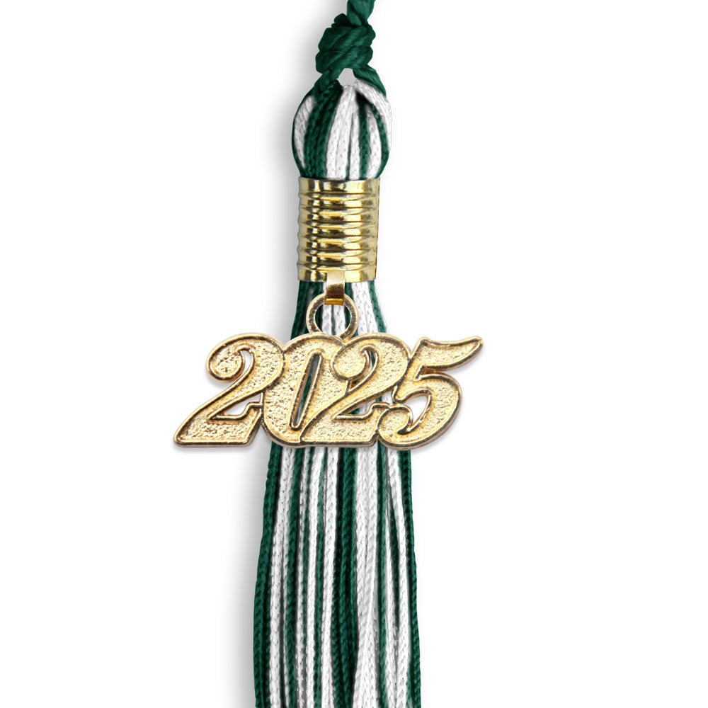 Hunter Green/White Mixed Color Graduation Tassel with Gold Bling Charm by Wholesale Grad Supply