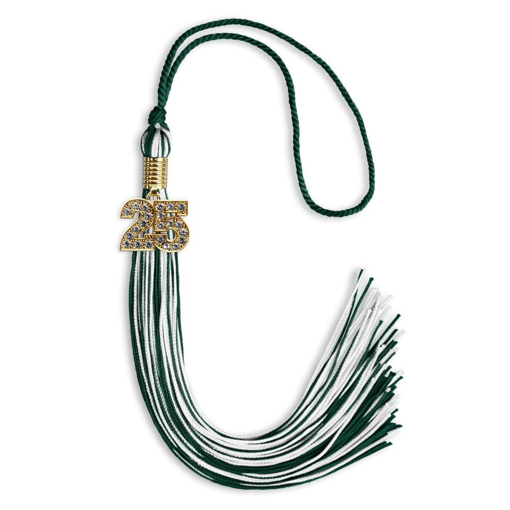 Hunter Green/White Mixed Color Graduation Tassel with Gold Bling Charm by Wholesale Grad Supply