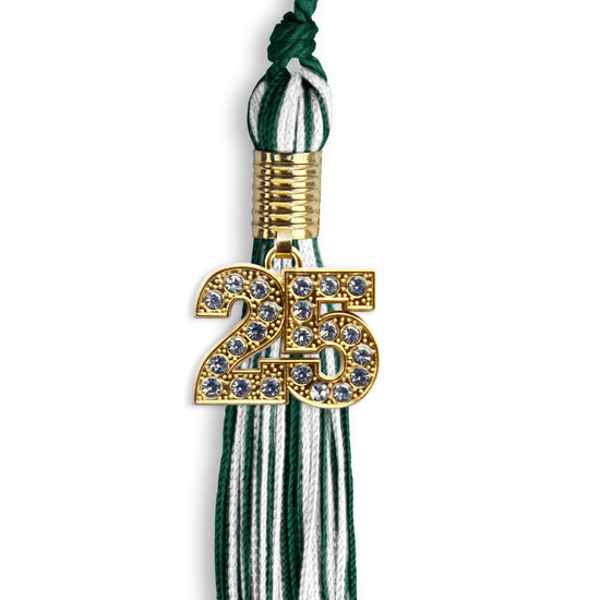 Hunter Green/White Mixed Color Graduation Tassel with Gold Bling Charm by Wholesale Grad Supply