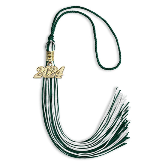 Hunter Green/White Mixed Color Graduation Tassel with Gold Bling Charm by Wholesale Grad Supply