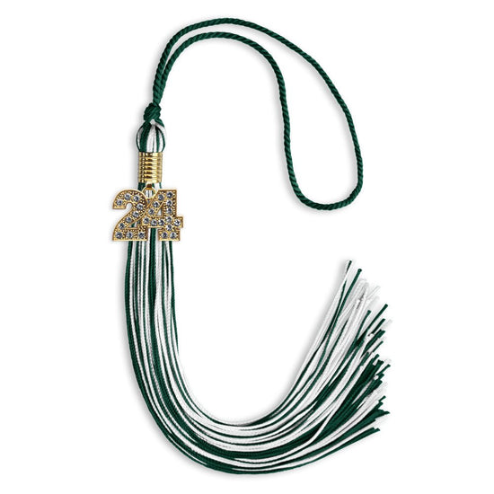 Hunter Green/White Mixed Color Graduation Tassel with Gold Bling Charm by Wholesale Grad Supply