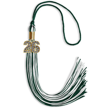 Hunter Green/White Mixed Color Graduation Tassel with Gold Bling Charm by Wholesale Grad Supply