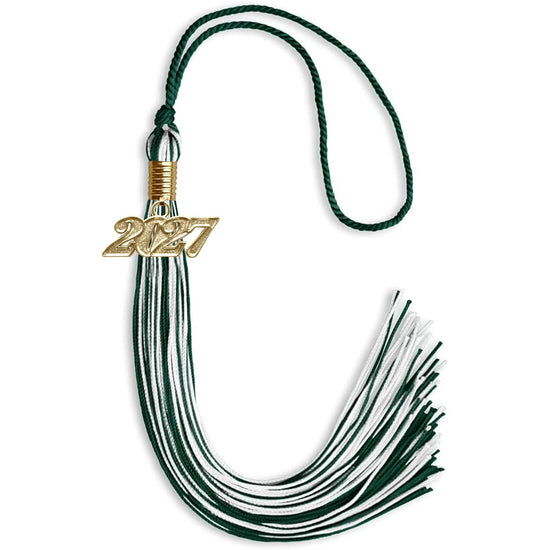 Hunter Green/White Mixed Color Graduation Tassel with Gold Bling Charm by Wholesale Grad Supply