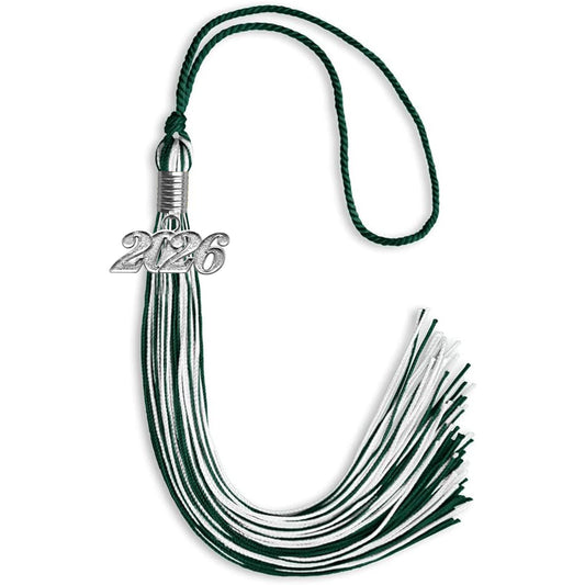 Hunter Green/White Mixed Color Graduation Tassel with Silver Bling Charm by Wholesale Grad Supply