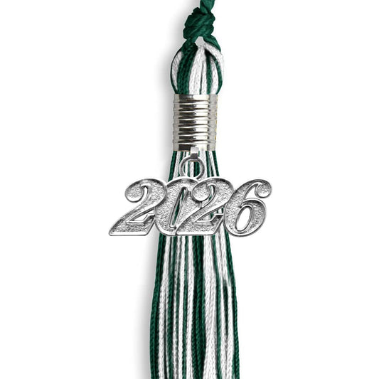 Hunter Green/White Mixed Color Graduation Tassel with Silver Bling Charm by Wholesale Grad Supply