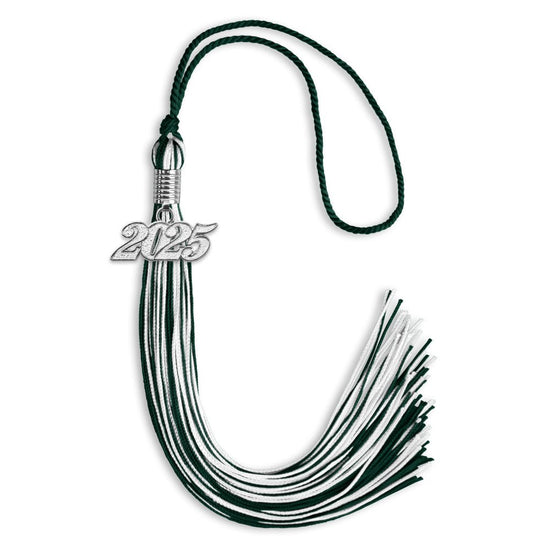 Hunter Green/White Mixed Color Graduation Tassel with Silver Bling Charm by Wholesale Grad Supply