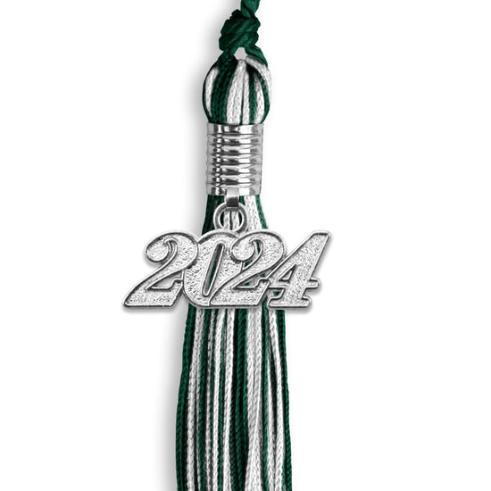 Hunter Green/White Mixed Color Graduation Tassel with Silver Bling Charm by Wholesale Grad Supply