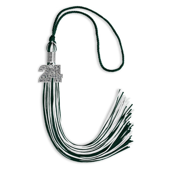 Hunter Green/White Mixed Color Graduation Tassel with Silver Bling Charm by Wholesale Grad Supply