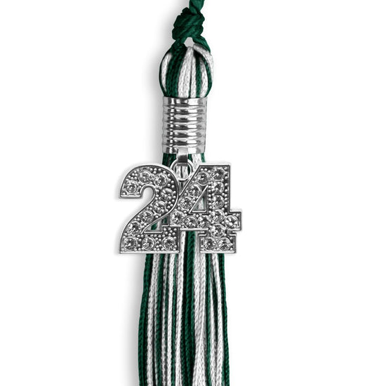 Hunter Green/White Mixed Color Graduation Tassel with Silver Bling Charm by Wholesale Grad Supply
