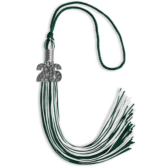 Hunter Green/White Mixed Color Graduation Tassel with Silver Bling Charm by Wholesale Grad Supply