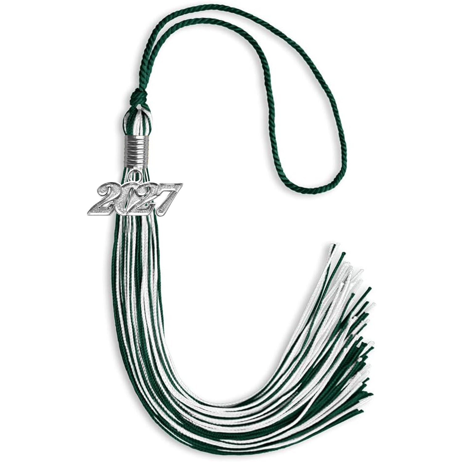 Hunter Green/White Mixed Color Graduation Tassel with Silver Bling Charm by Wholesale Grad Supply