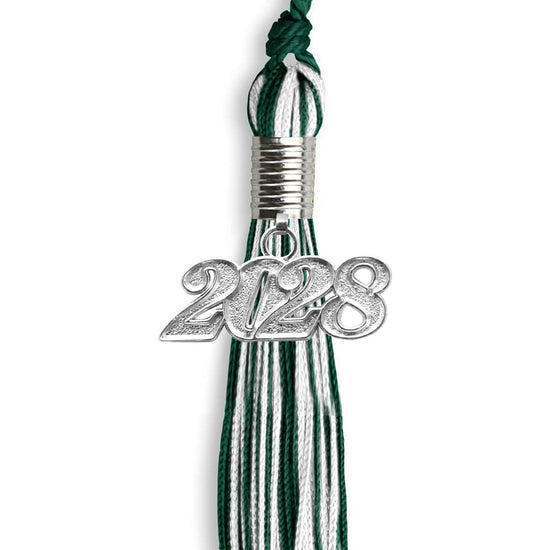 Hunter Green/White Mixed Color Graduation Tassel with Silver Bling Charm by Wholesale Grad Supply