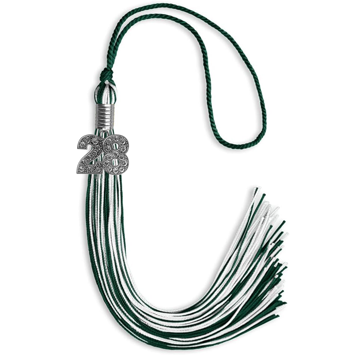 Hunter Green/White Mixed Color Graduation Tassel with Silver Bling Charm by Wholesale Grad Supply