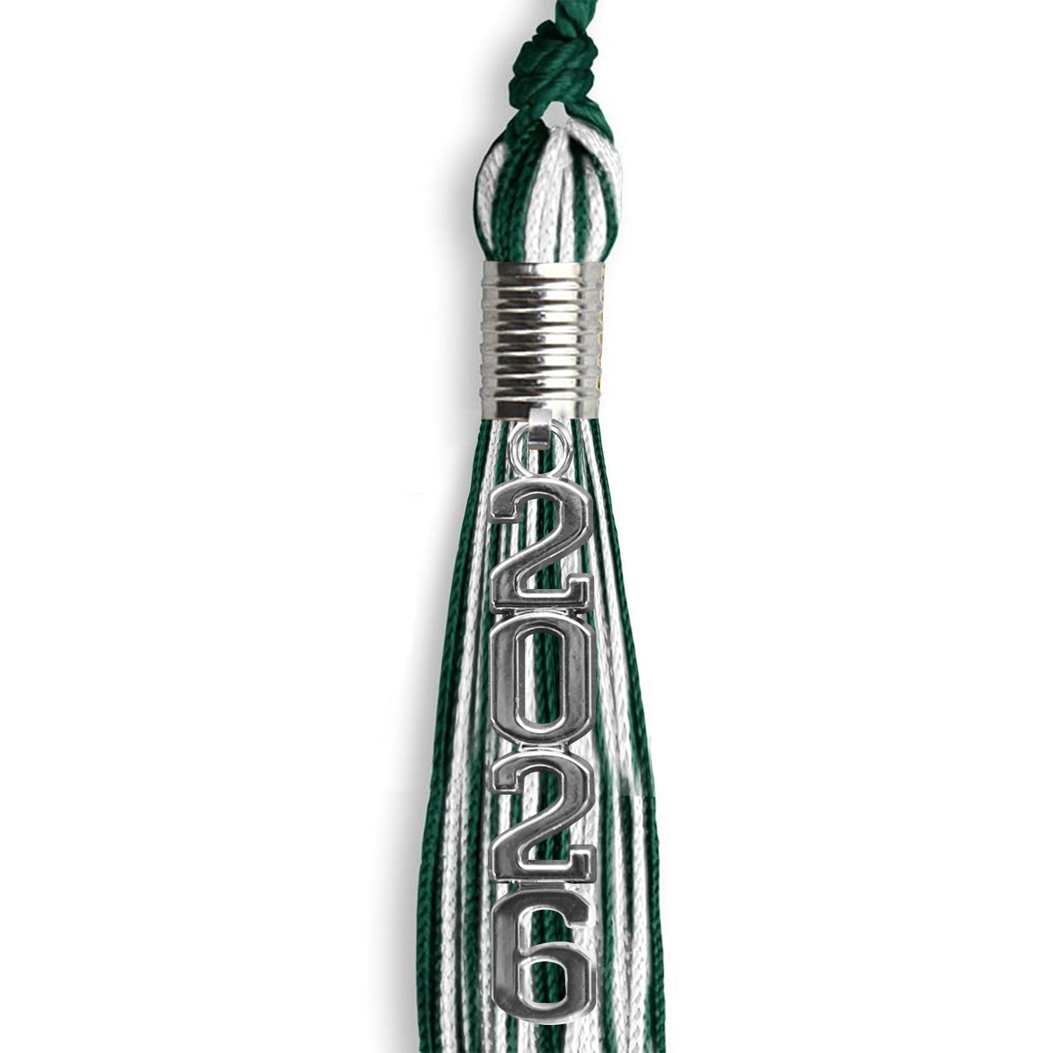 Hunter Green/White Mixed Color Graduation Tassel with Stacked Silver Date Drop by Wholesale Grad Supply